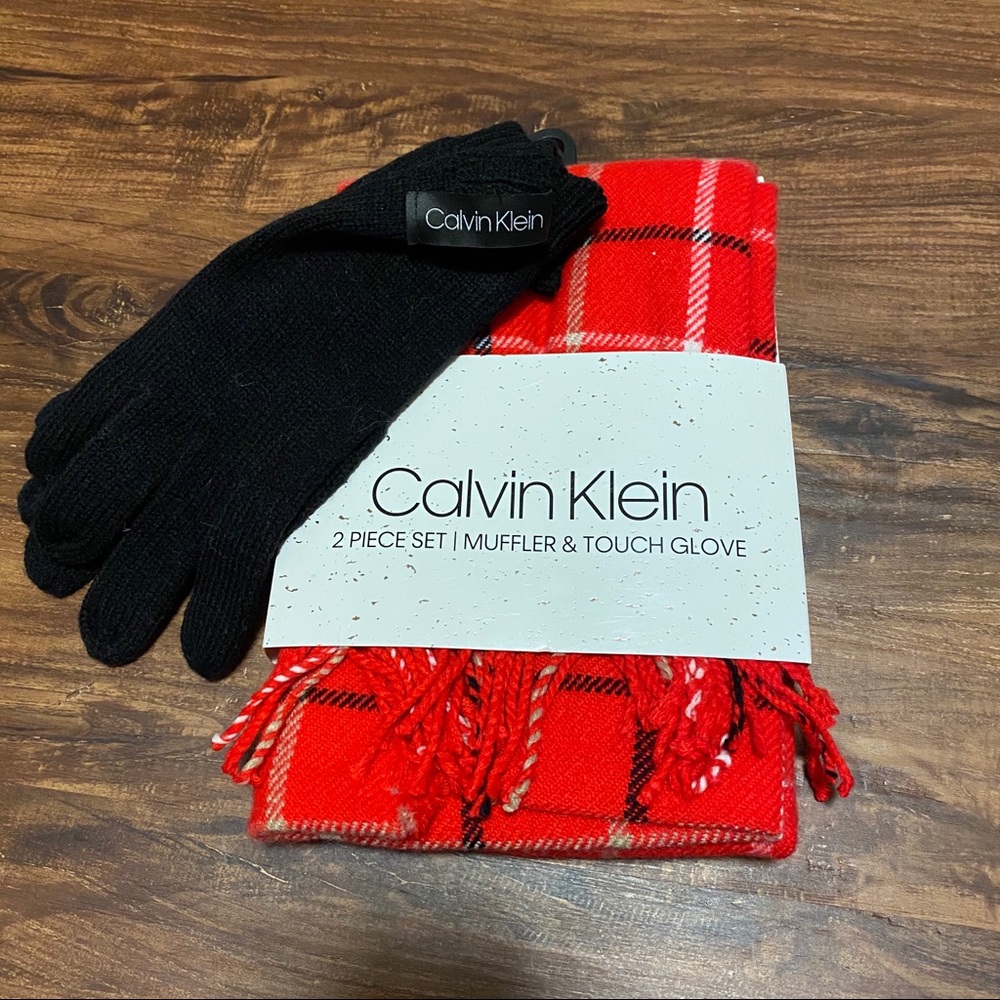 Calvin Klein 2 Piece Red Plaid Muffler Scarf & Black Touch Gloves Gift Set